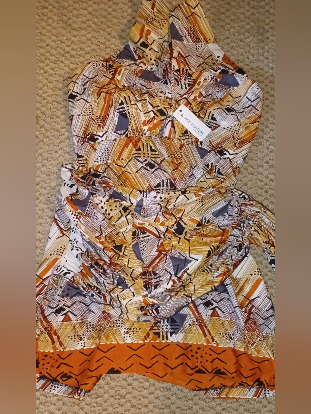 Abstract Print Halter Mini Dress in Orange and Cream